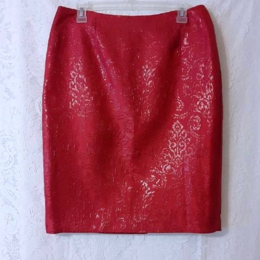 Sunny Leigh Red Jacquard Shimmer Back Zipper Skirt Sz 8